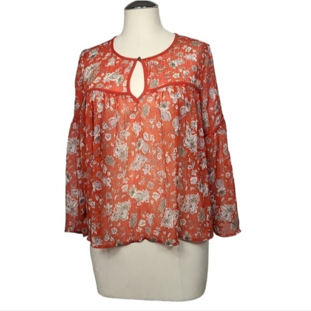Lucky Brand Floral Sheer Front Keyhole Wide Sleeve Blouse S